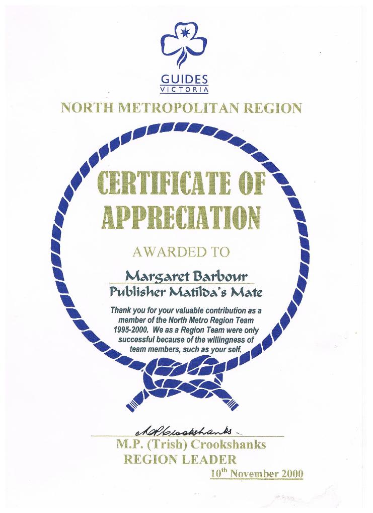 Matildas Mate
                        Certificate of Appreciation